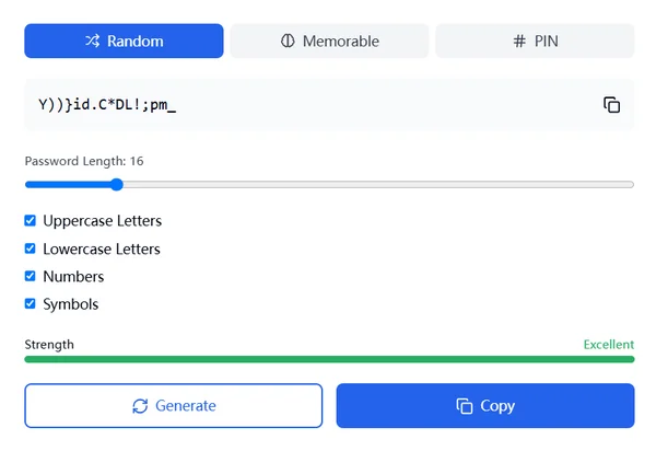 Interface of strong password generator options tool