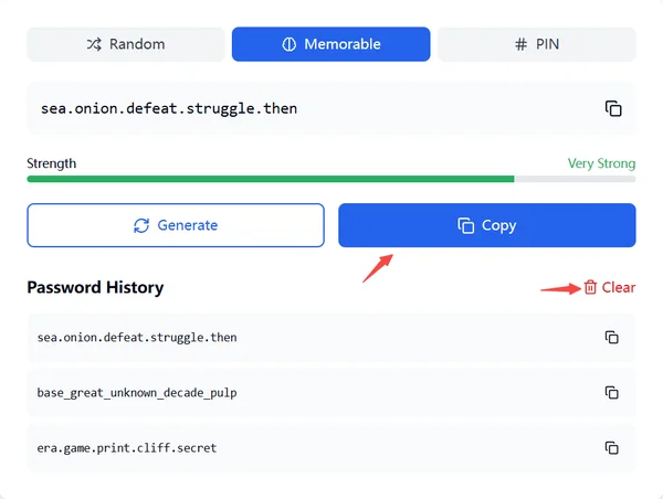 Password generator history feature interface display