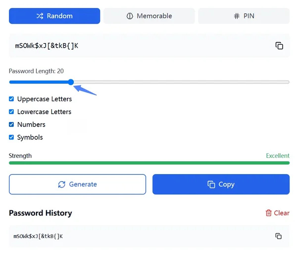 Password generator options length character types selected