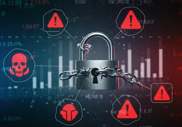 Lock with broken chain and cyber threats.