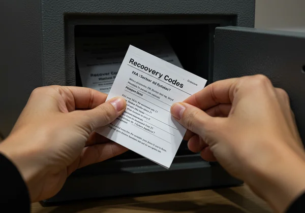 Printed 2FA backup codes being stored in a physical safe.