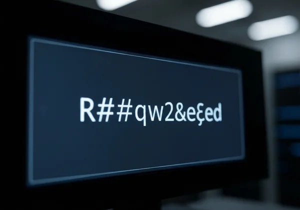 Complex, random password next to a sticky note on a monitor