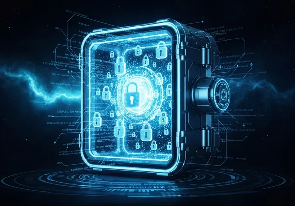 A glowing digital vault protecting numerous lock icons