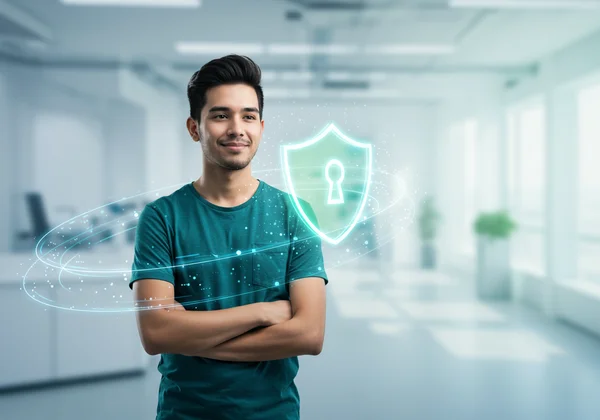 Person feeling secure, protected in a digital world.